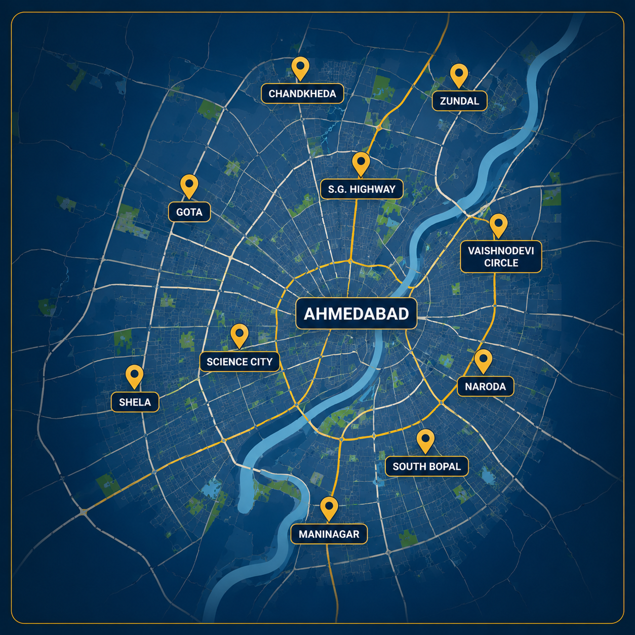 Ahmedabad property investment map — premium localities by Ganesha Real Estate South Bopal